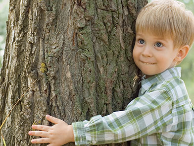 Junge umarmt Baum: Klimaschutzkonzepte sind Daseinsvorsorge